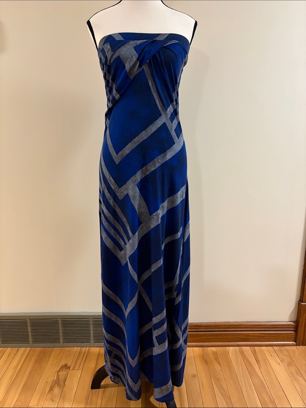 DKNY Strapless Navy & Silver Geometric Maxi Dress